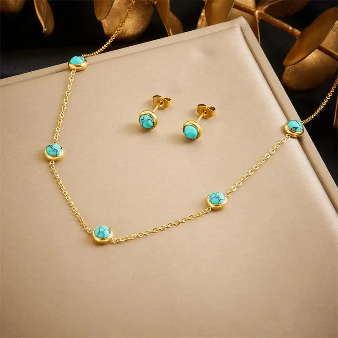 Bohemian Silver Turquoise Necklace, Earrings & Bracelet Set
