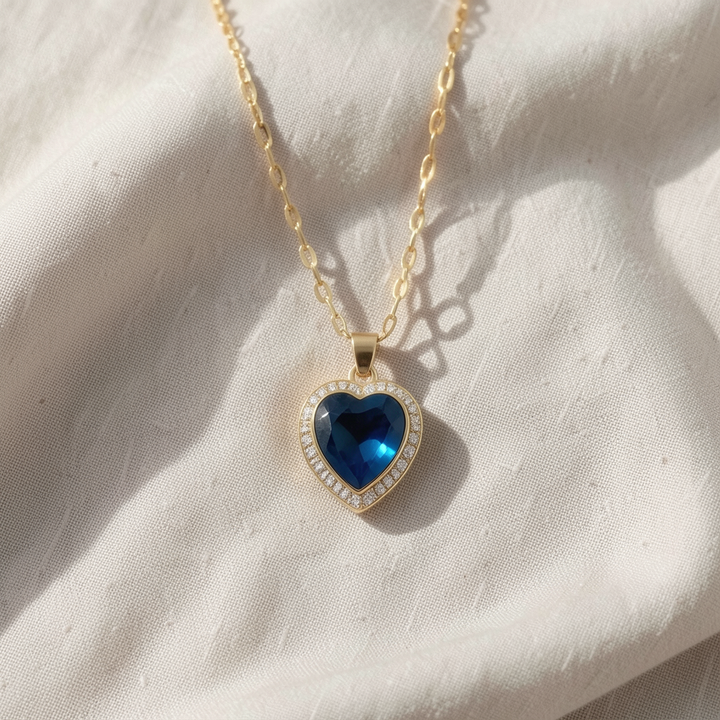 Blue Sapphire Heart Halo Pendant Necklace – Gold
