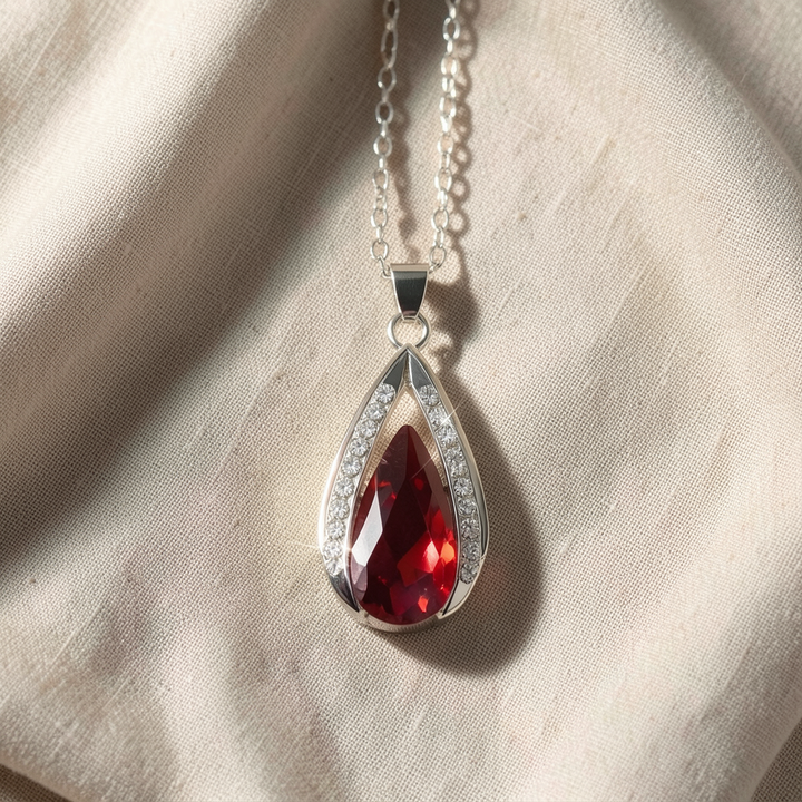Ruby Red Teardrop Crystal Wrap Pendant Necklace – Silver